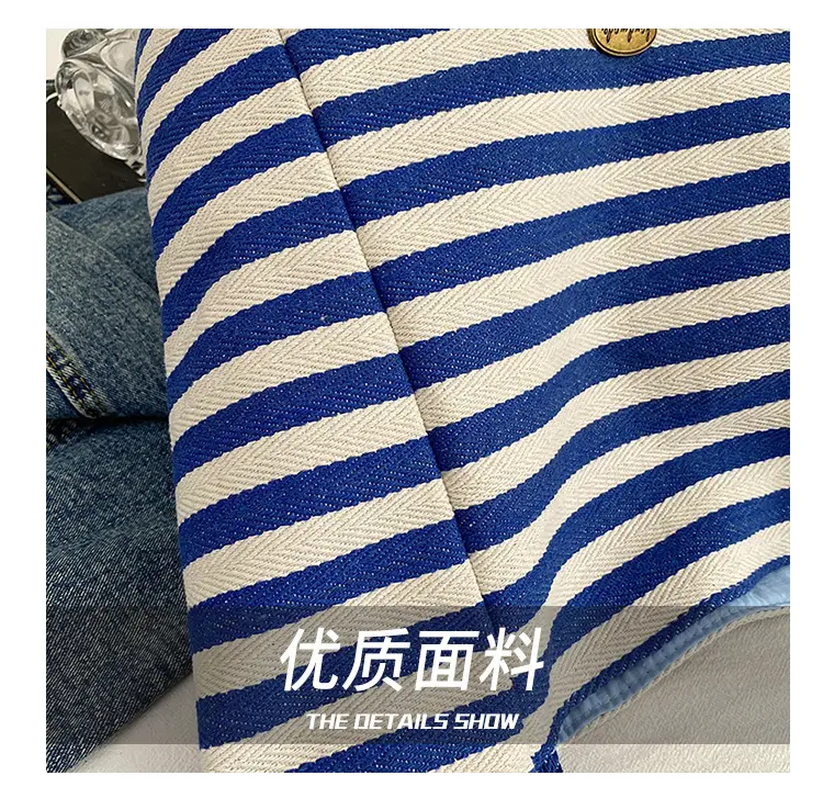 Striped Canvas Tote Bag Large Capacity Navy White — feature 5