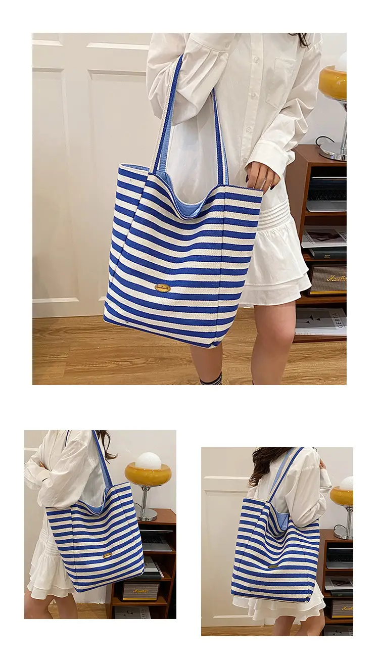 Striped Canvas Tote Bag Large Capacity Navy White — feature 9