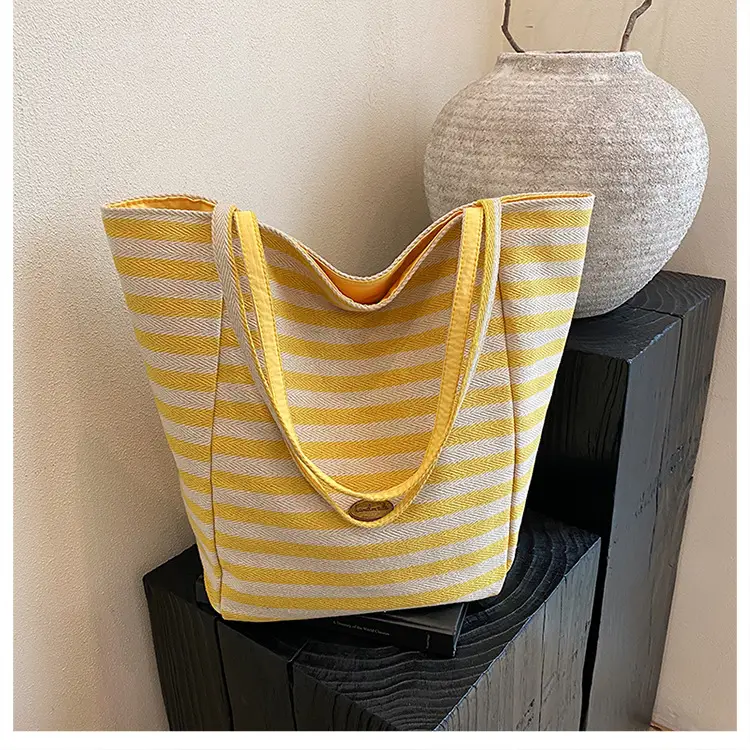 Striped Canvas Tote Bag Large Capacity Navy White - Image 2