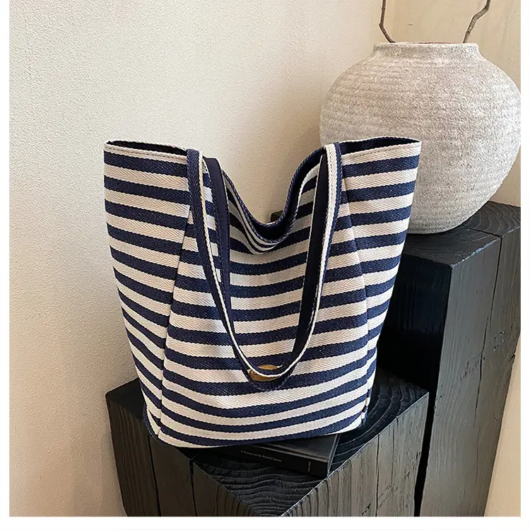 Striped Canvas Tote Bag Large Capacity Navy White - Image 3