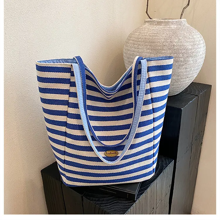 Striped Canvas Tote Bag Large Capacity Navy White - Image 4