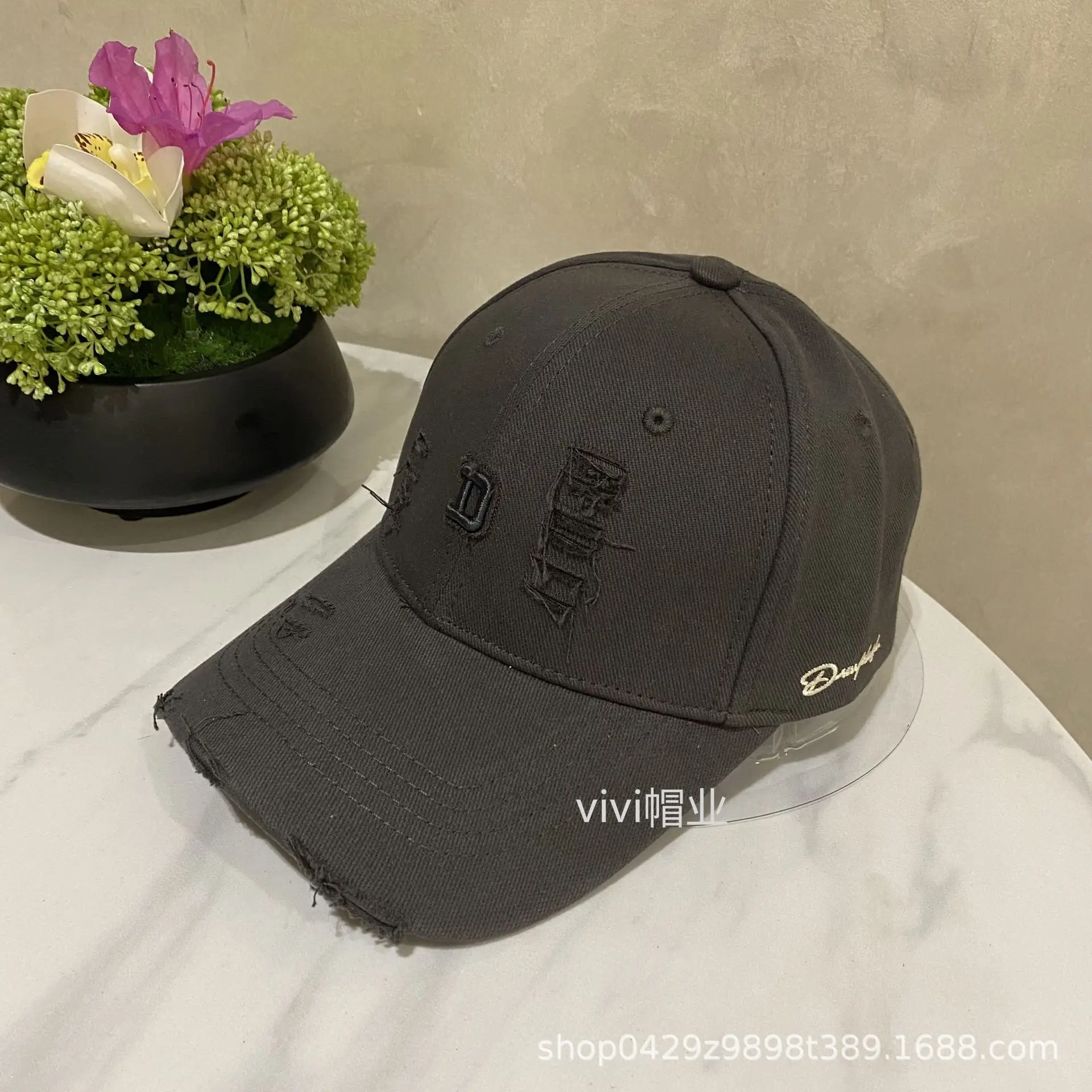 Black Korean Holed Letter Embroidered Cap for Women - Image 5