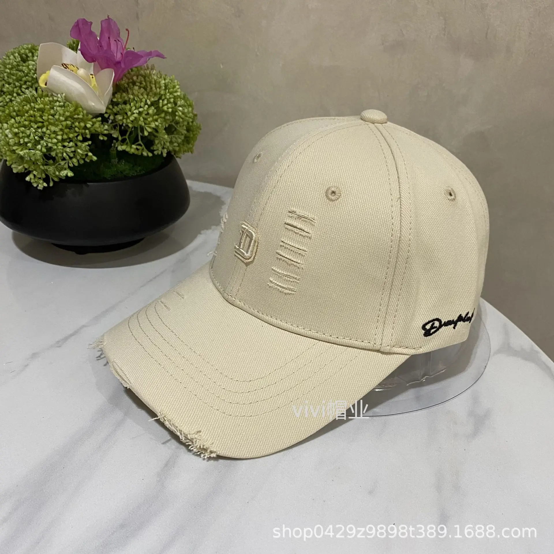Black Korean Holed Letter Embroidered Cap for Women - Image 2