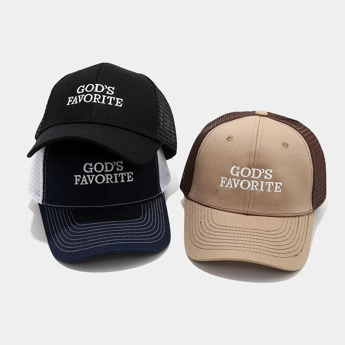 Men's God's Favorite Embroidered Mesh Cap Brown White - Image 8