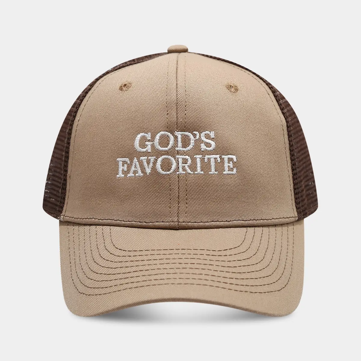 Men's God's Favorite Embroidered Mesh Cap Brown White - Image 4