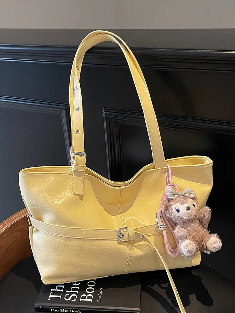 Women's Yellow Leather Shoulder Bag with Teddy Bear - Image 7