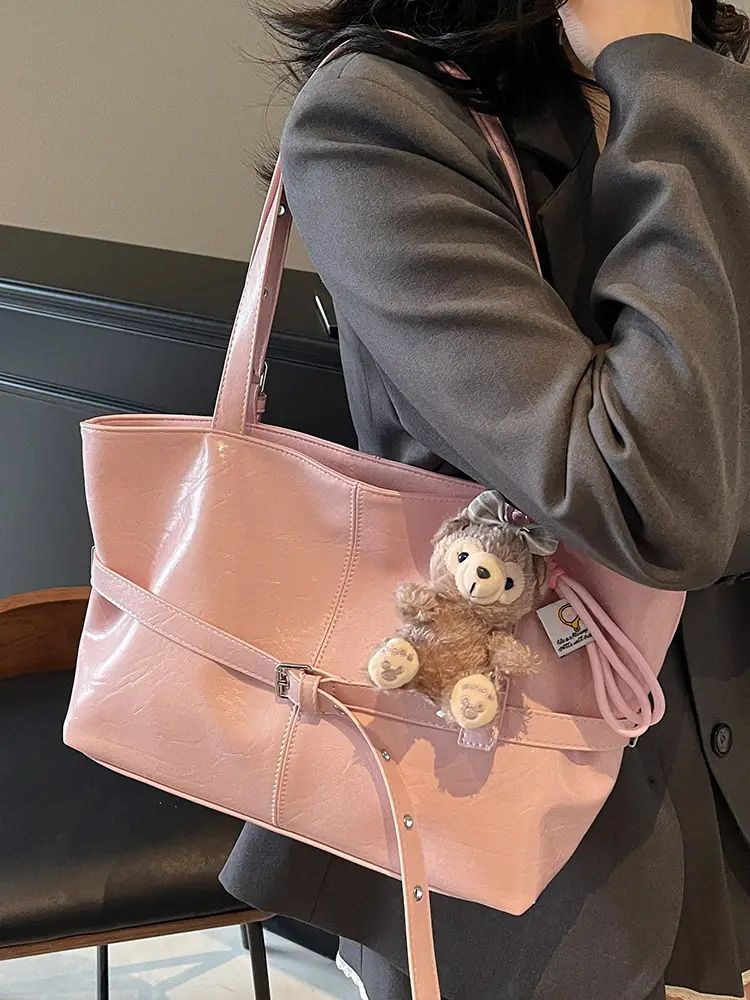 Women's Yellow Leather Shoulder Bag with Teddy Bear - Image 9