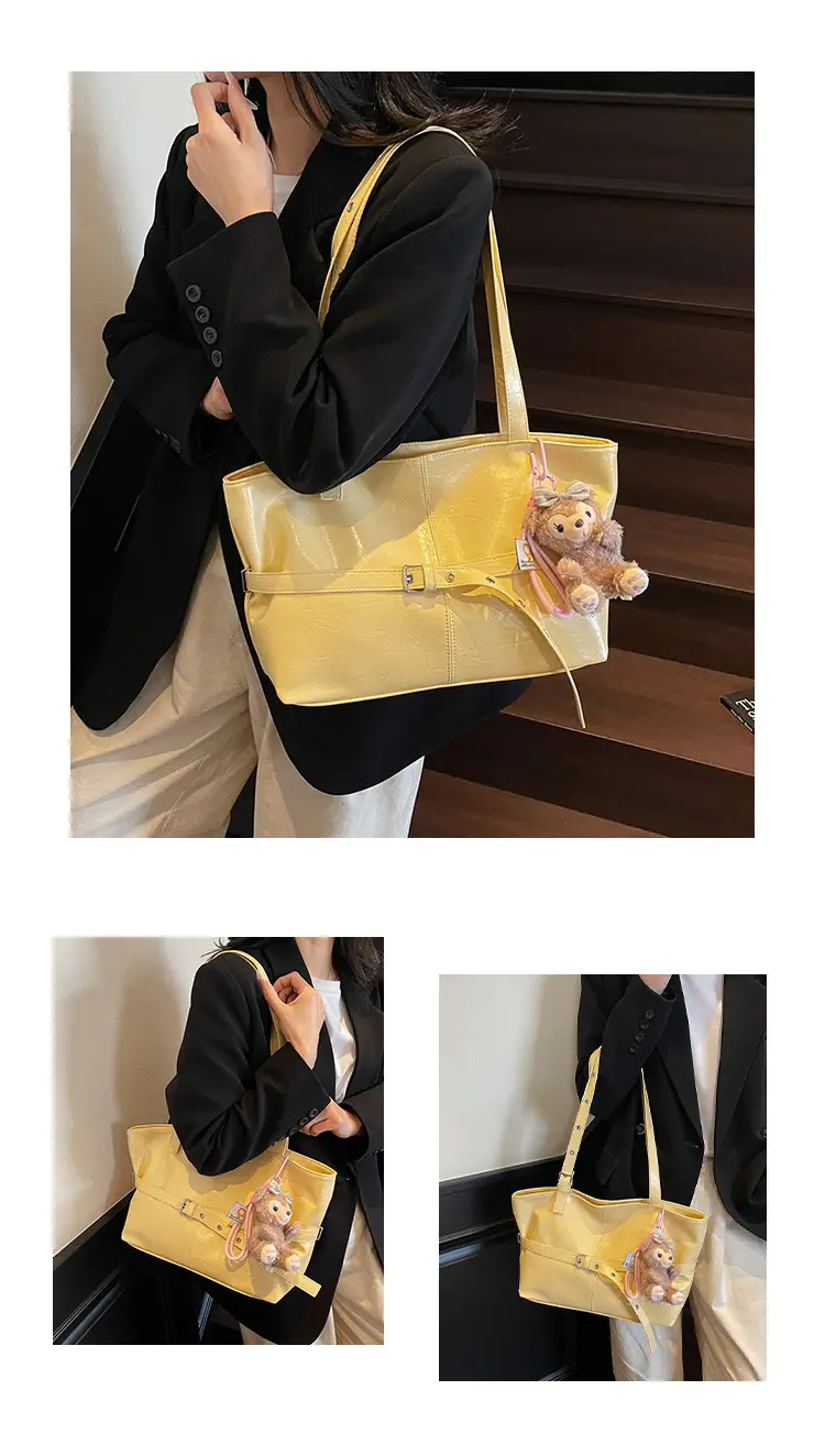 Women's Yellow Leather Shoulder Bag with Teddy Bear — feature 12