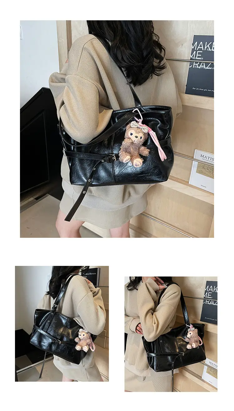 Women's Yellow Leather Shoulder Bag with Teddy Bear — feature 13