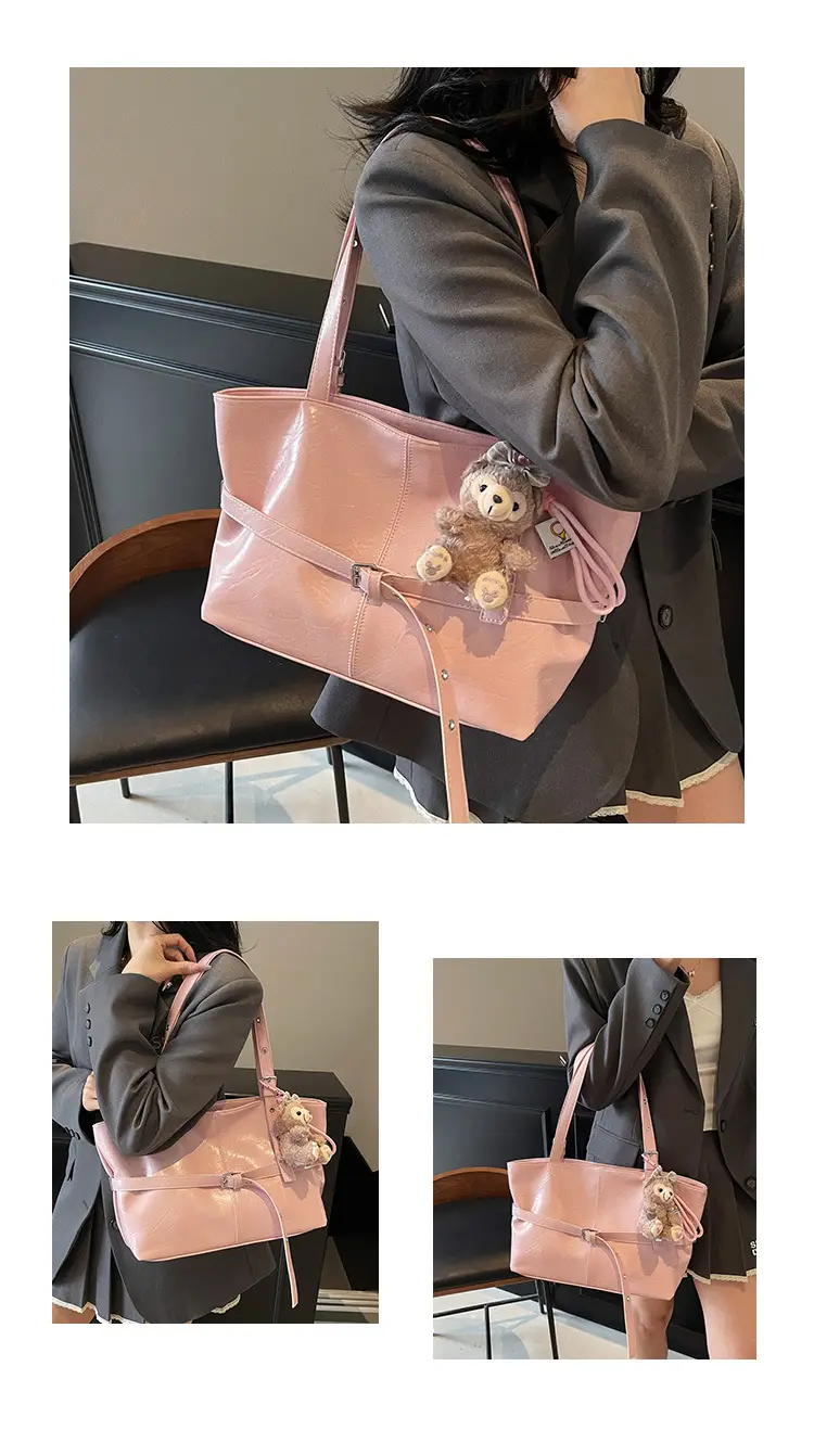 Women's Yellow Leather Shoulder Bag with Teddy Bear — feature 14