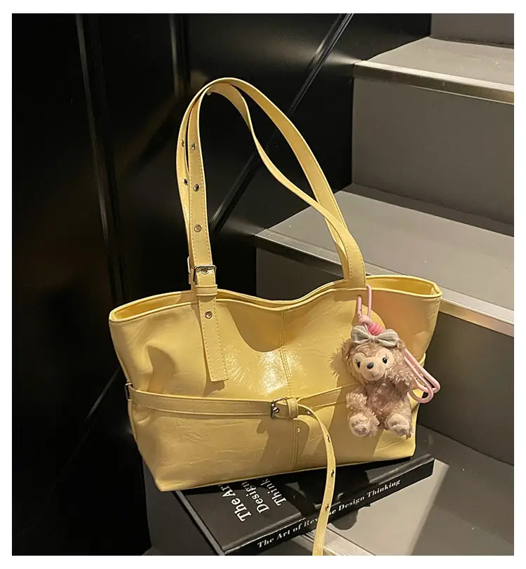 Women's Yellow Leather Shoulder Bag with Teddy Bear — feature 4