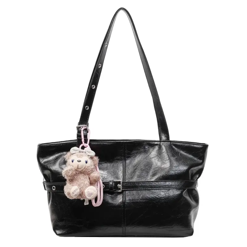 Women's Yellow Leather Shoulder Bag with Teddy Bear - Image 4