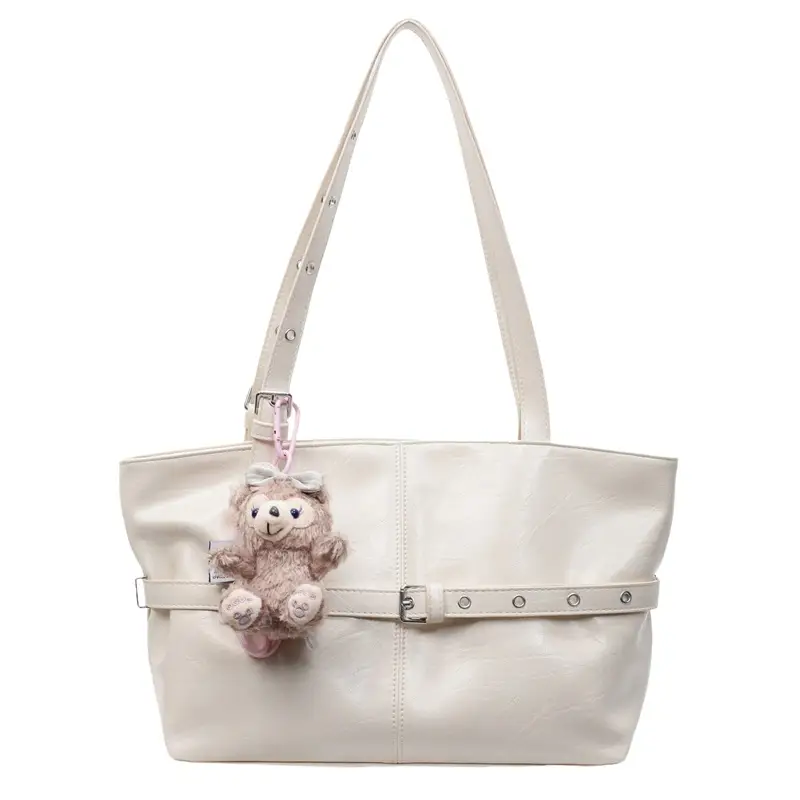 Women's Yellow Leather Shoulder Bag with Teddy Bear - Image 5