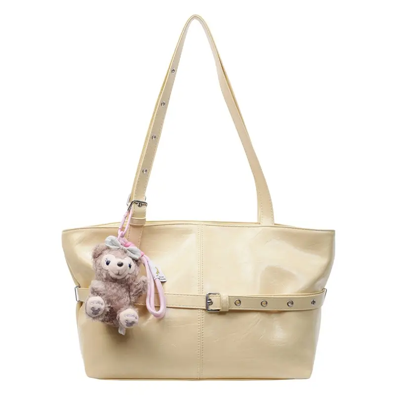 Women's Yellow Leather Shoulder Bag with Teddy Bear - Image 6