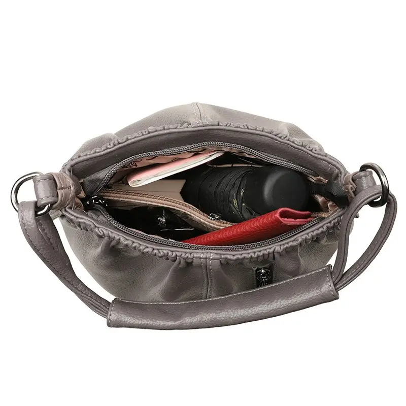 Grey Textured Leather Crossbody Bag for Women - Image 10