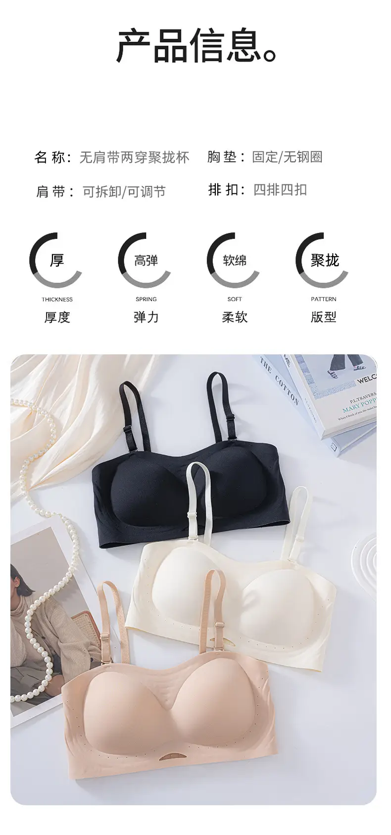 Summer detachable double shoulder strap tube bra women's seamless small chest gathered large without steel ring comfortable palm cup bra — feature 14