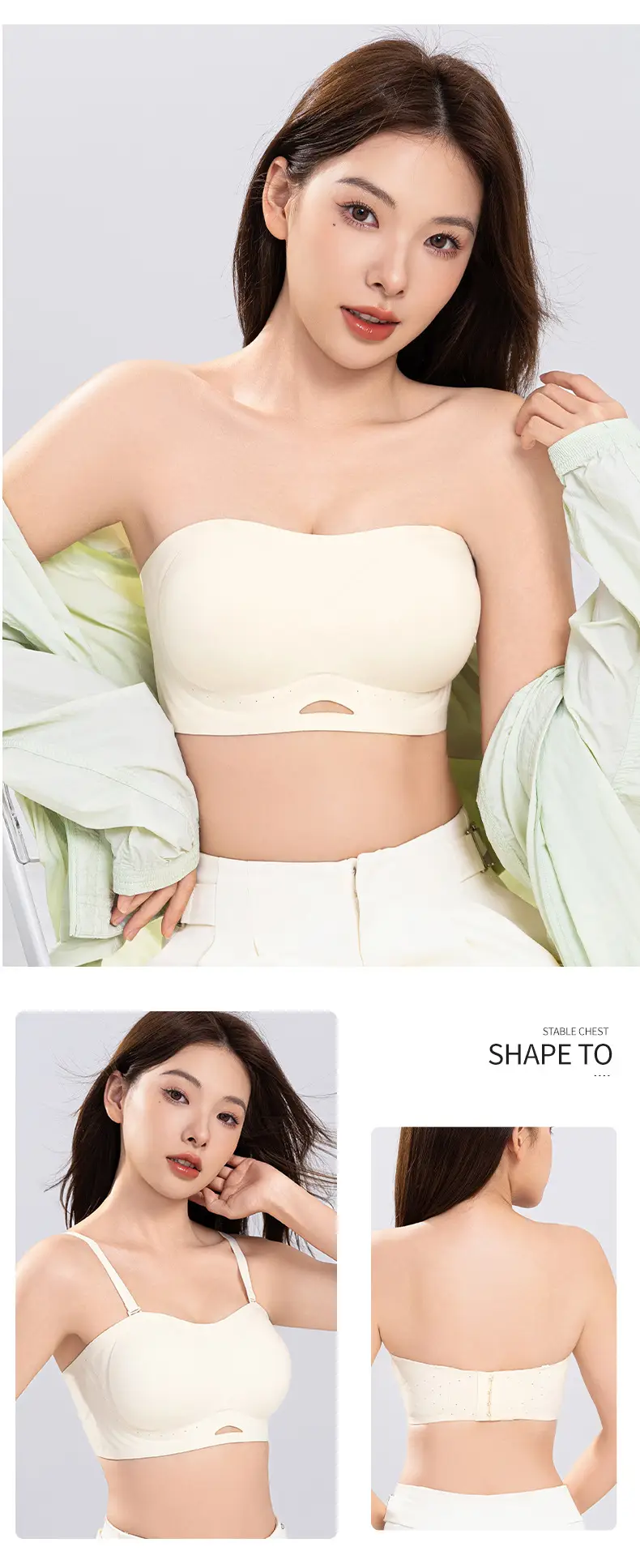 Summer detachable double shoulder strap tube bra women's seamless small chest gathered large without steel ring comfortable palm cup bra — feature 19