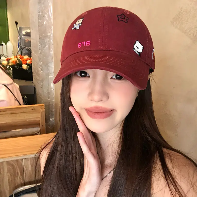 Women Red Bear Embroidered Baseball Cap Summer Sunscreen - Image 4