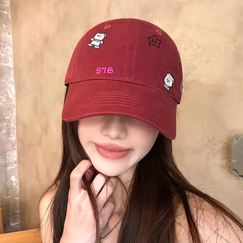 Women Red Bear Embroidered Baseball Cap Summer Sunscreen - Image 6