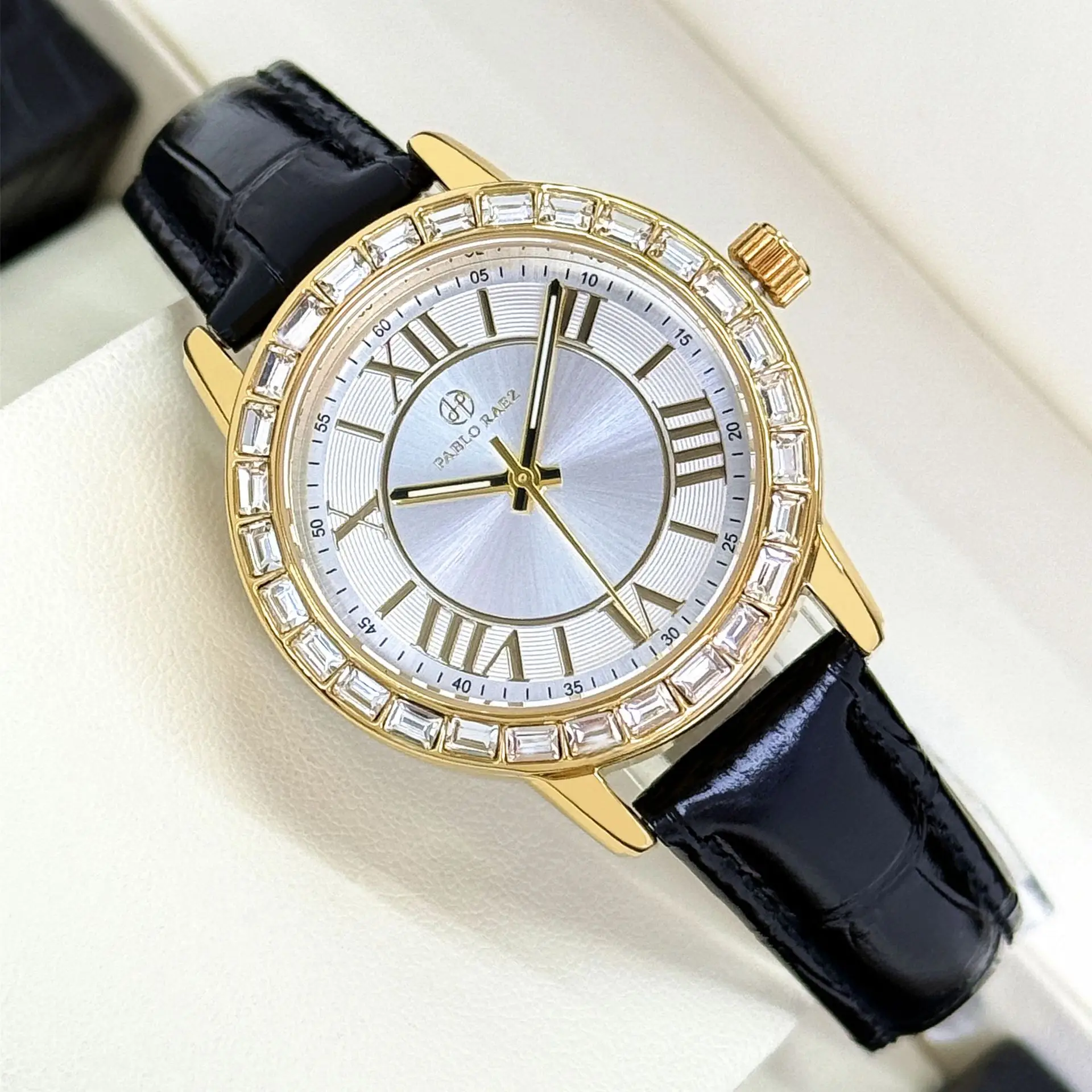 Gold Square Diamond Women's Watch with Black Leather Strap - Image 5