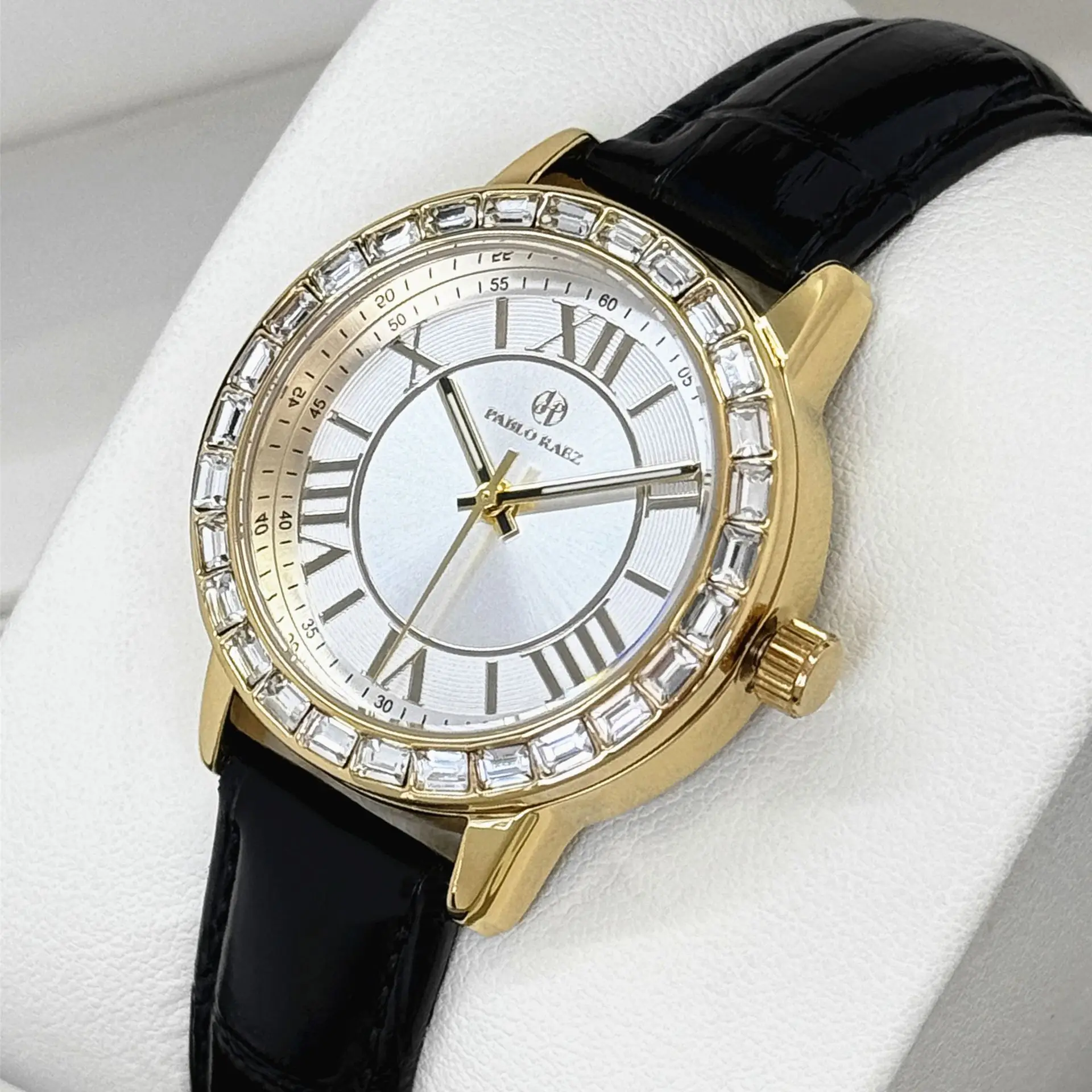 Gold Square Diamond Women's Watch with Black Leather Strap - Image 6