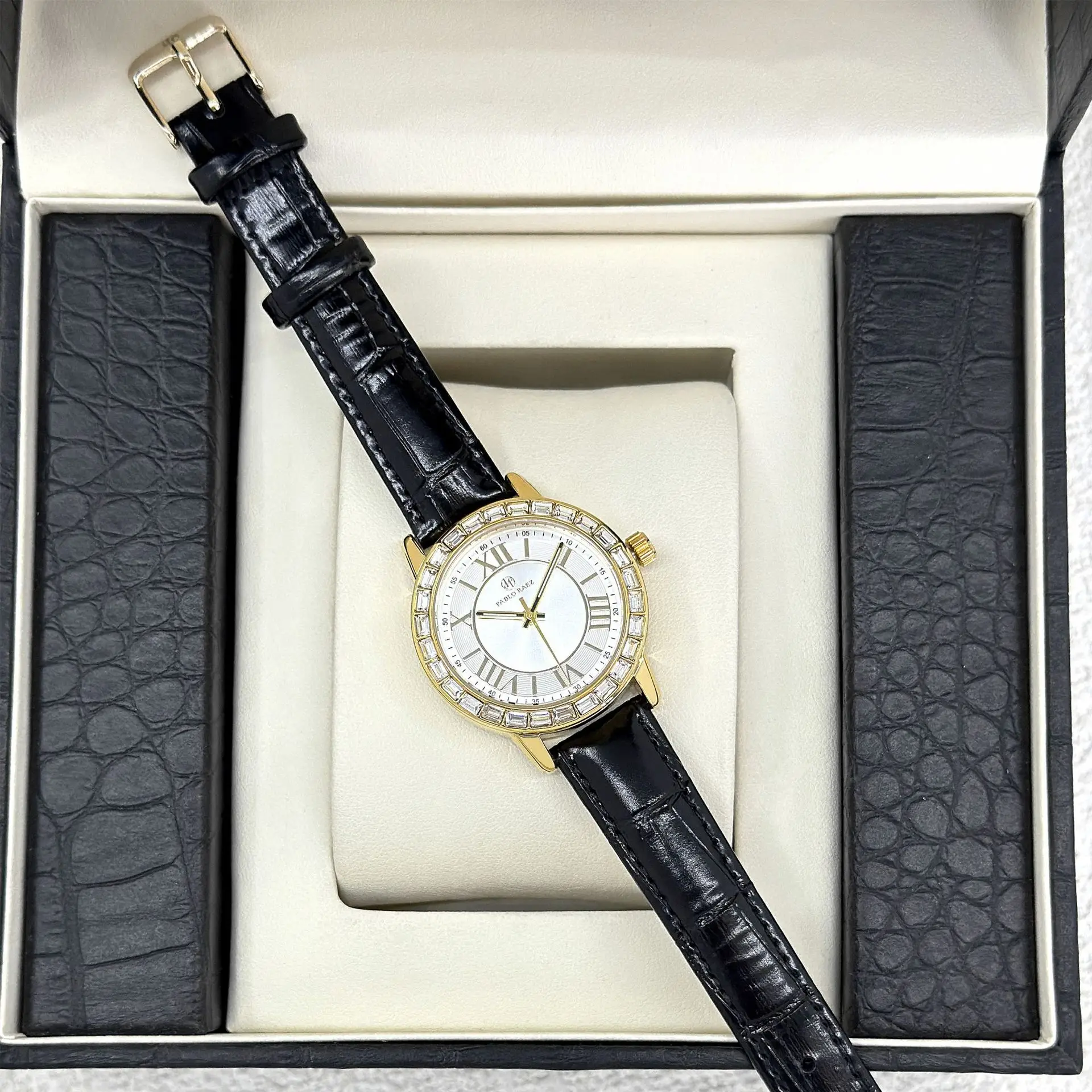 Gold Square Diamond Women's Watch with Black Leather Strap - Image 7