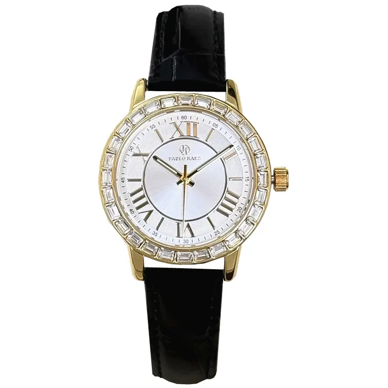 Gold Square Diamond Women's Watch with Black Leather Strap - Image 8