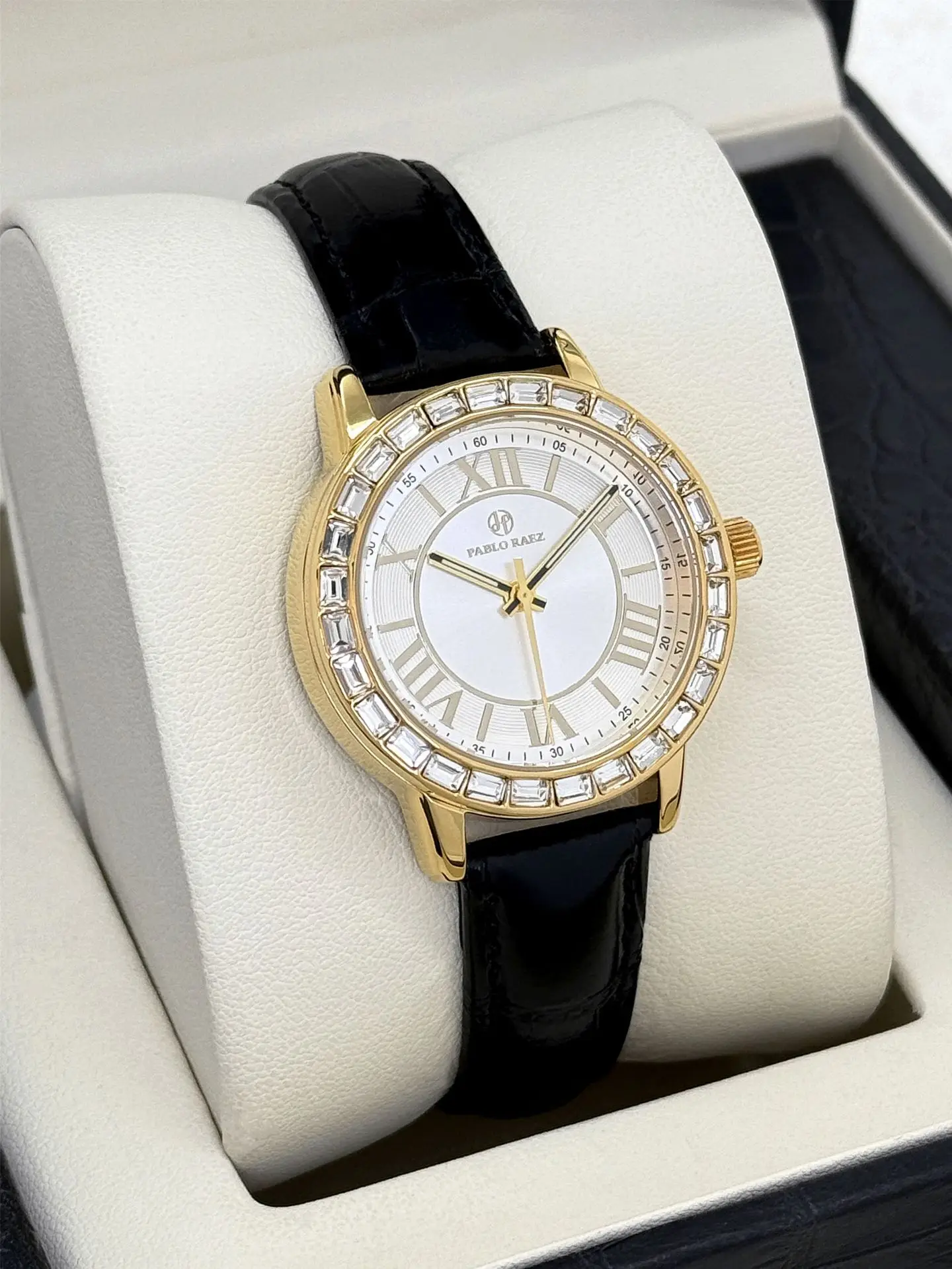 Gold Square Diamond Women's Watch with Black Leather Strap — feature 10