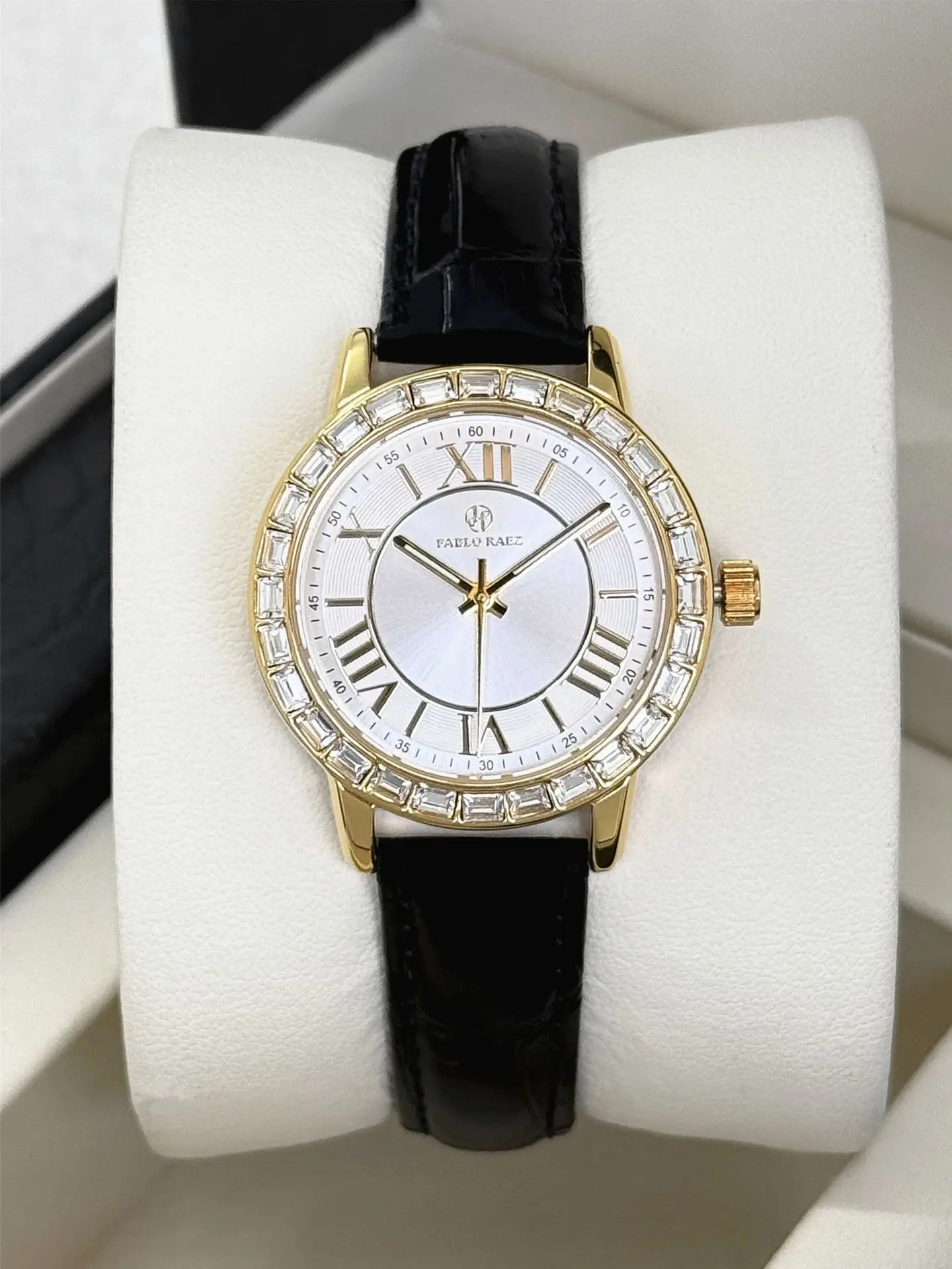 Gold Square Diamond Women's Watch with Black Leather Strap — feature 11