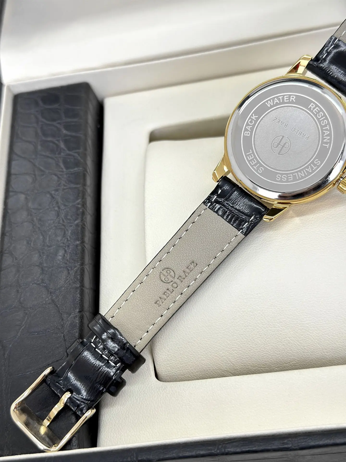 Gold Square Diamond Women's Watch with Black Leather Strap — feature 12