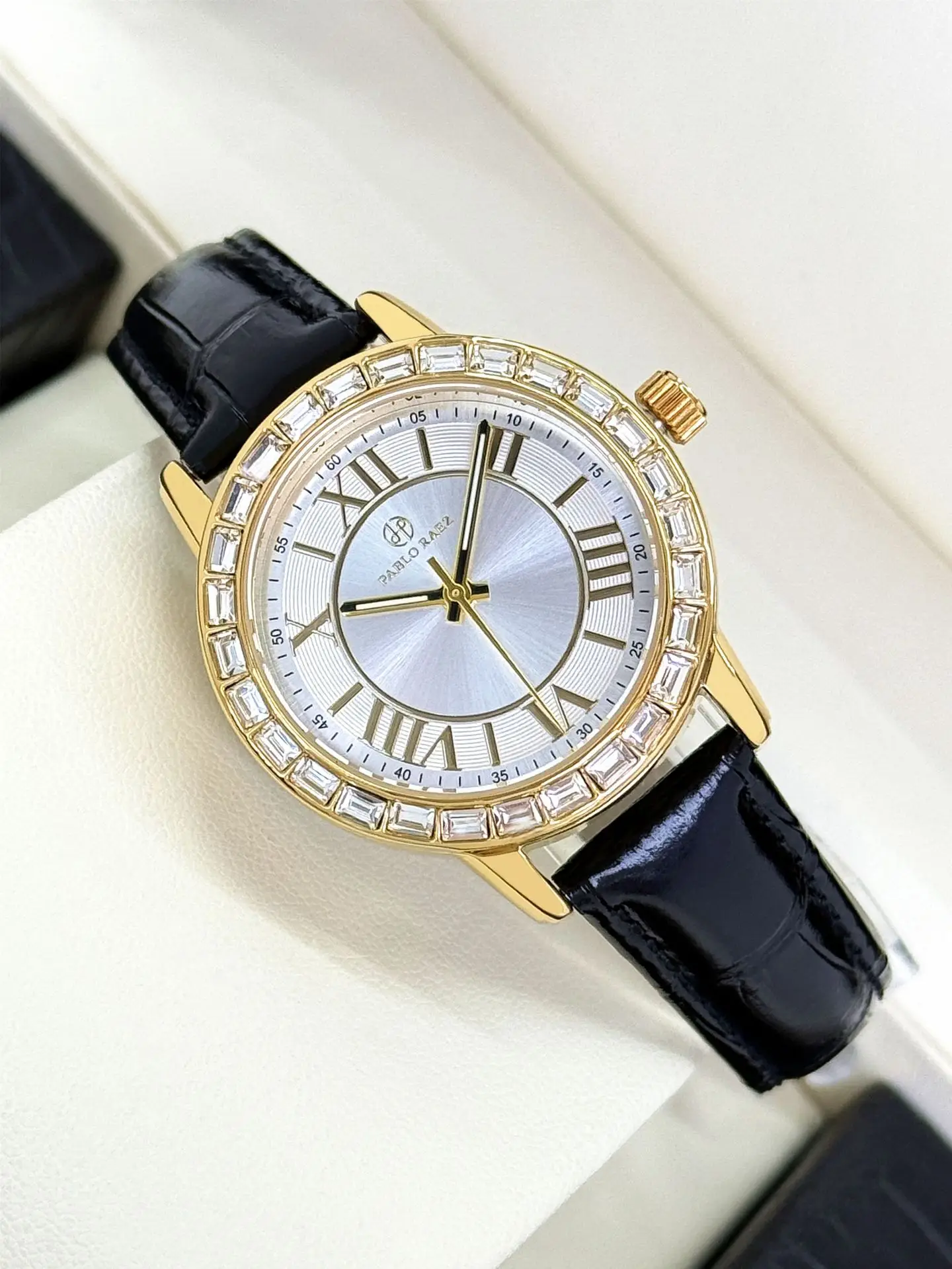 Gold Square Diamond Women's Watch with Black Leather Strap — feature 13