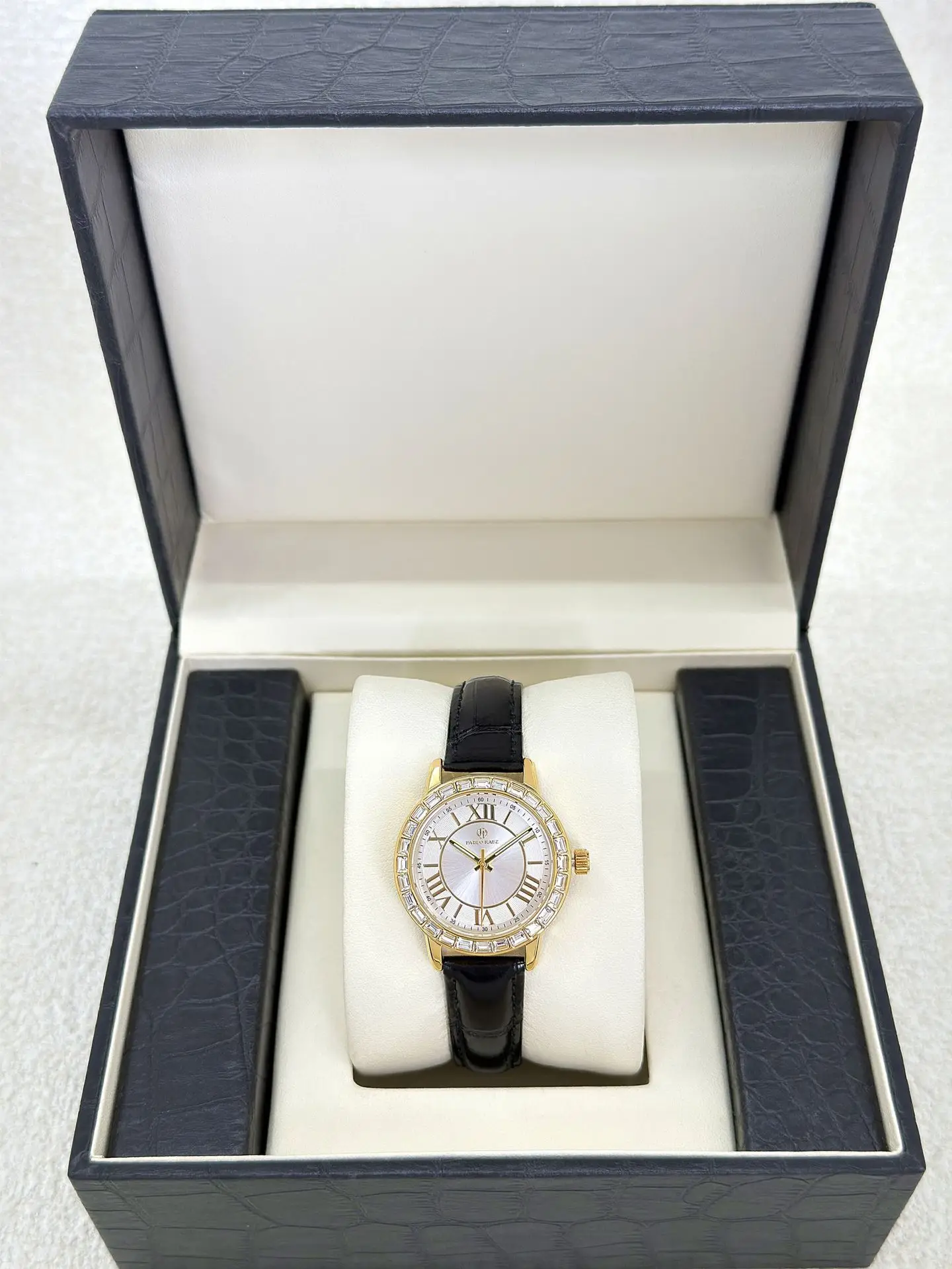 Gold Square Diamond Women's Watch with Black Leather Strap — feature 14
