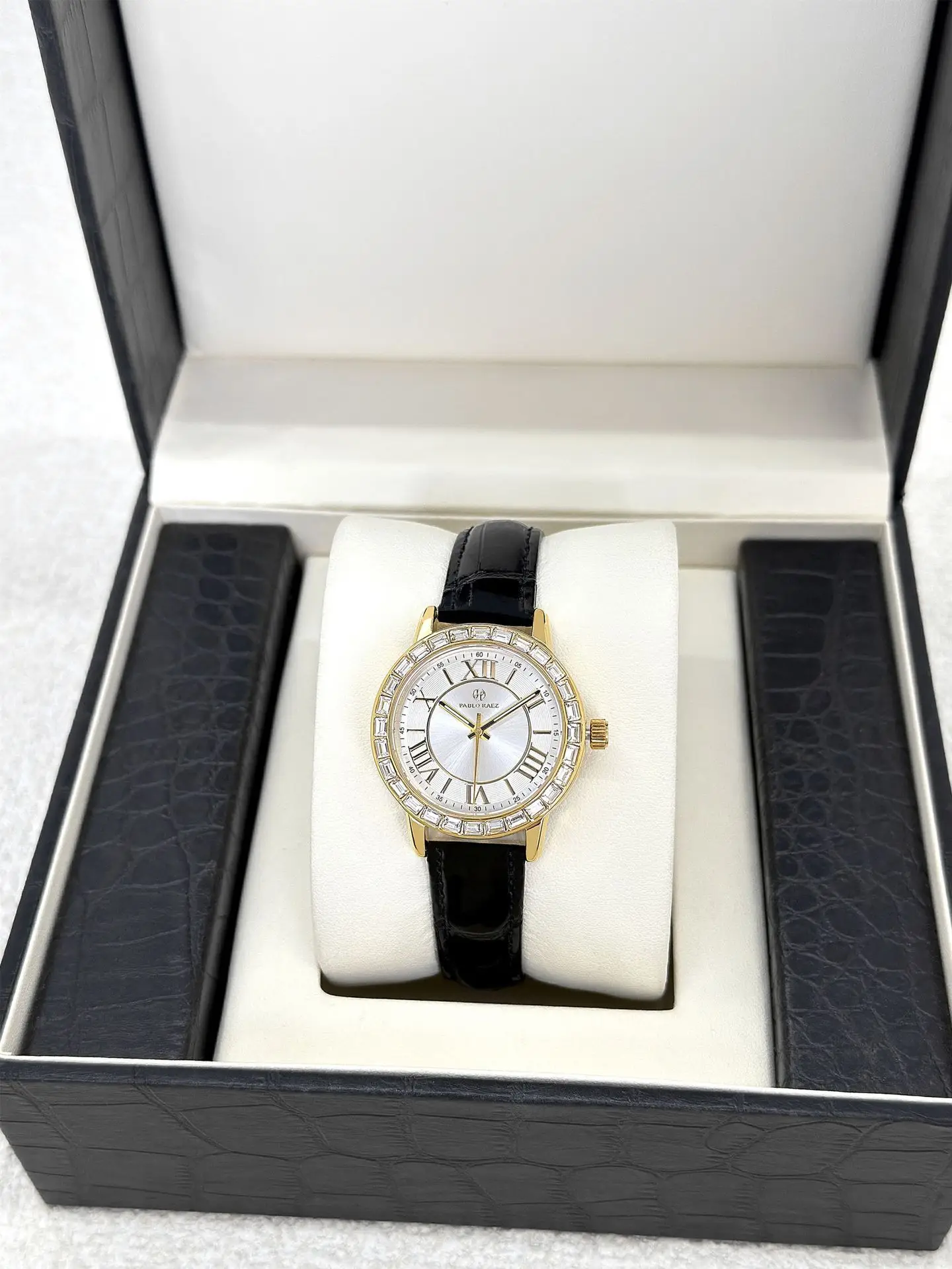 Gold Square Diamond Women's Watch with Black Leather Strap — feature 15