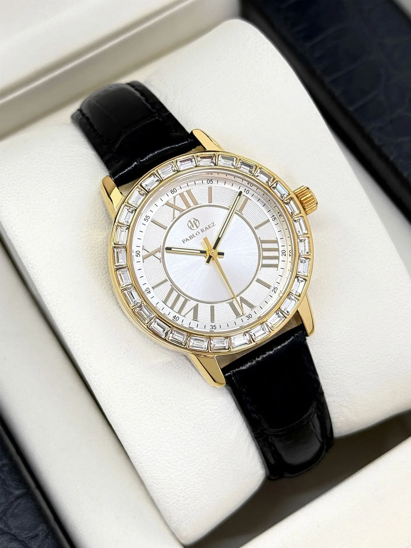Gold Square Diamond Women's Watch with Black Leather Strap — feature 16