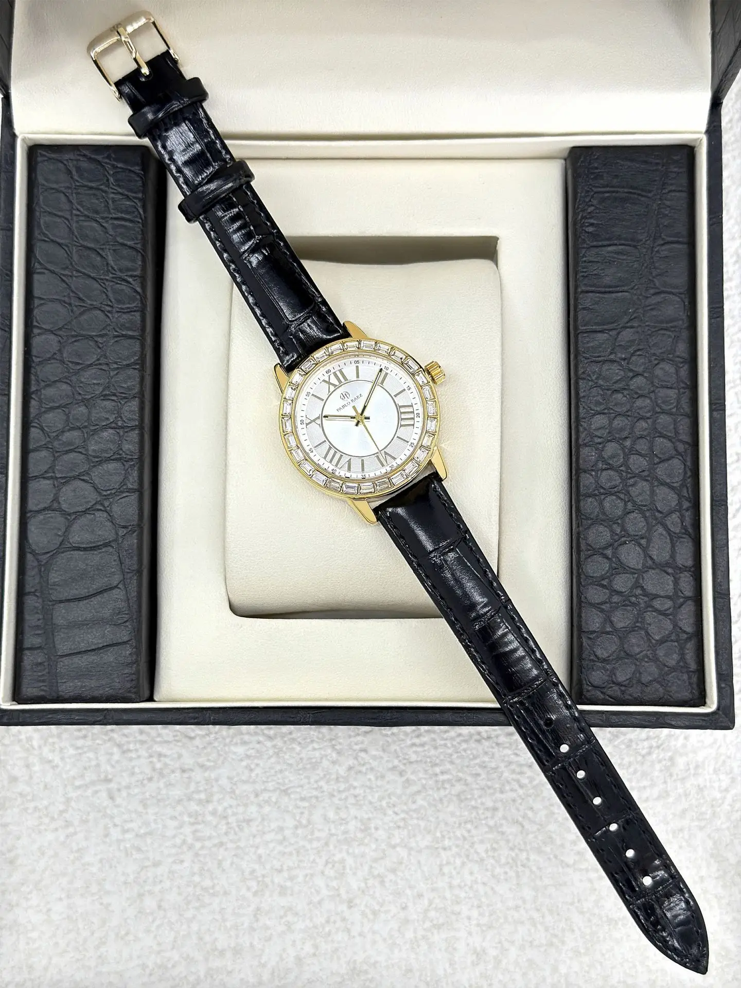 Gold Square Diamond Women's Watch with Black Leather Strap — feature 17