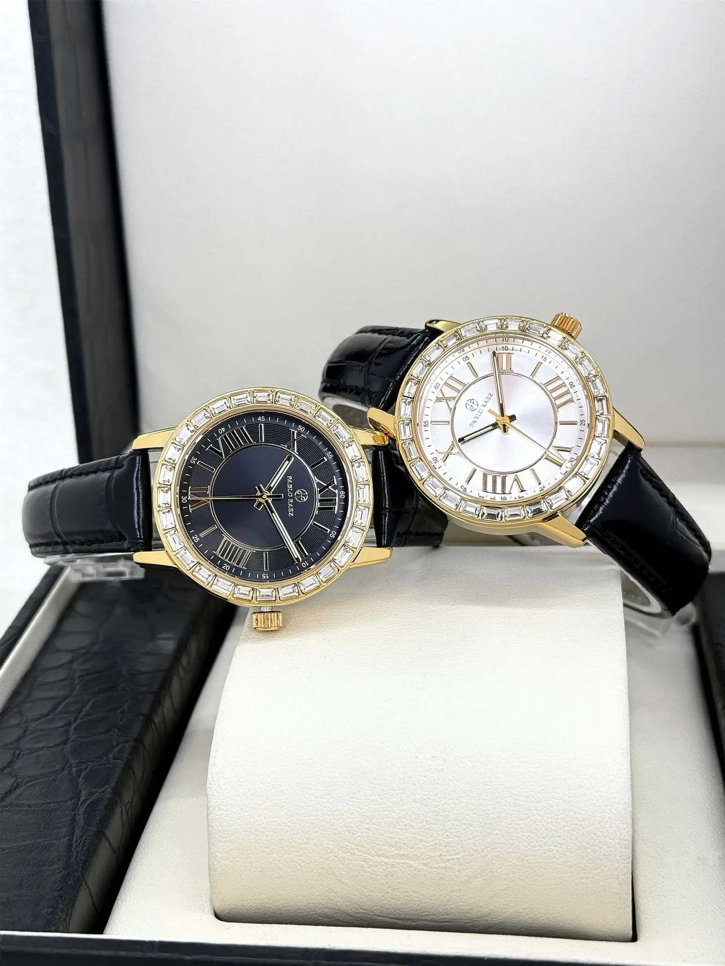 Gold Square Diamond Women's Watch with Black Leather Strap — feature 18