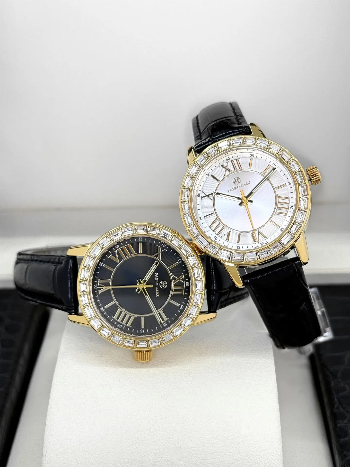 Gold Square Diamond Women's Watch with Black Leather Strap — feature 19