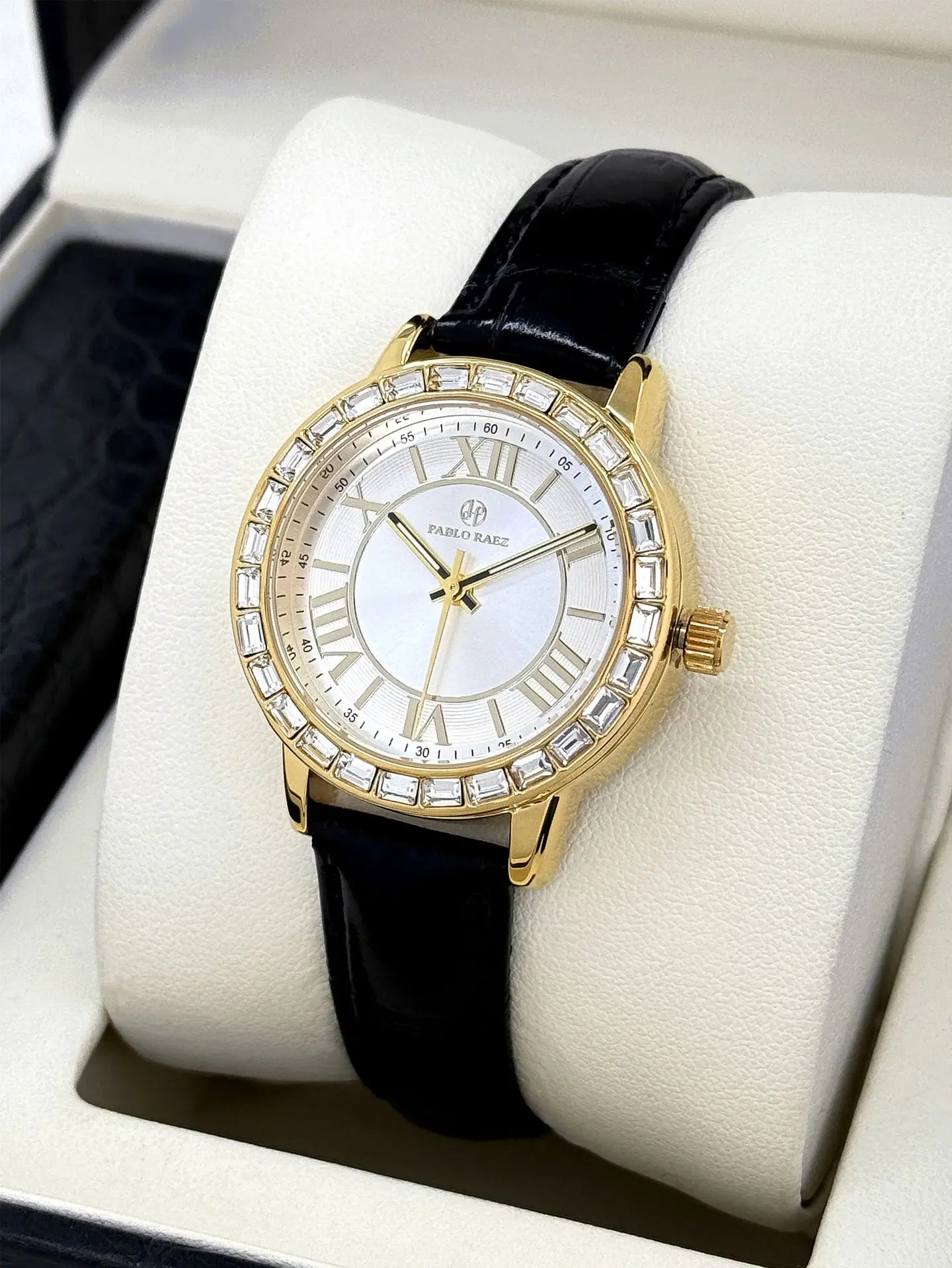 Gold Square Diamond Women's Watch with Black Leather Strap — feature 7