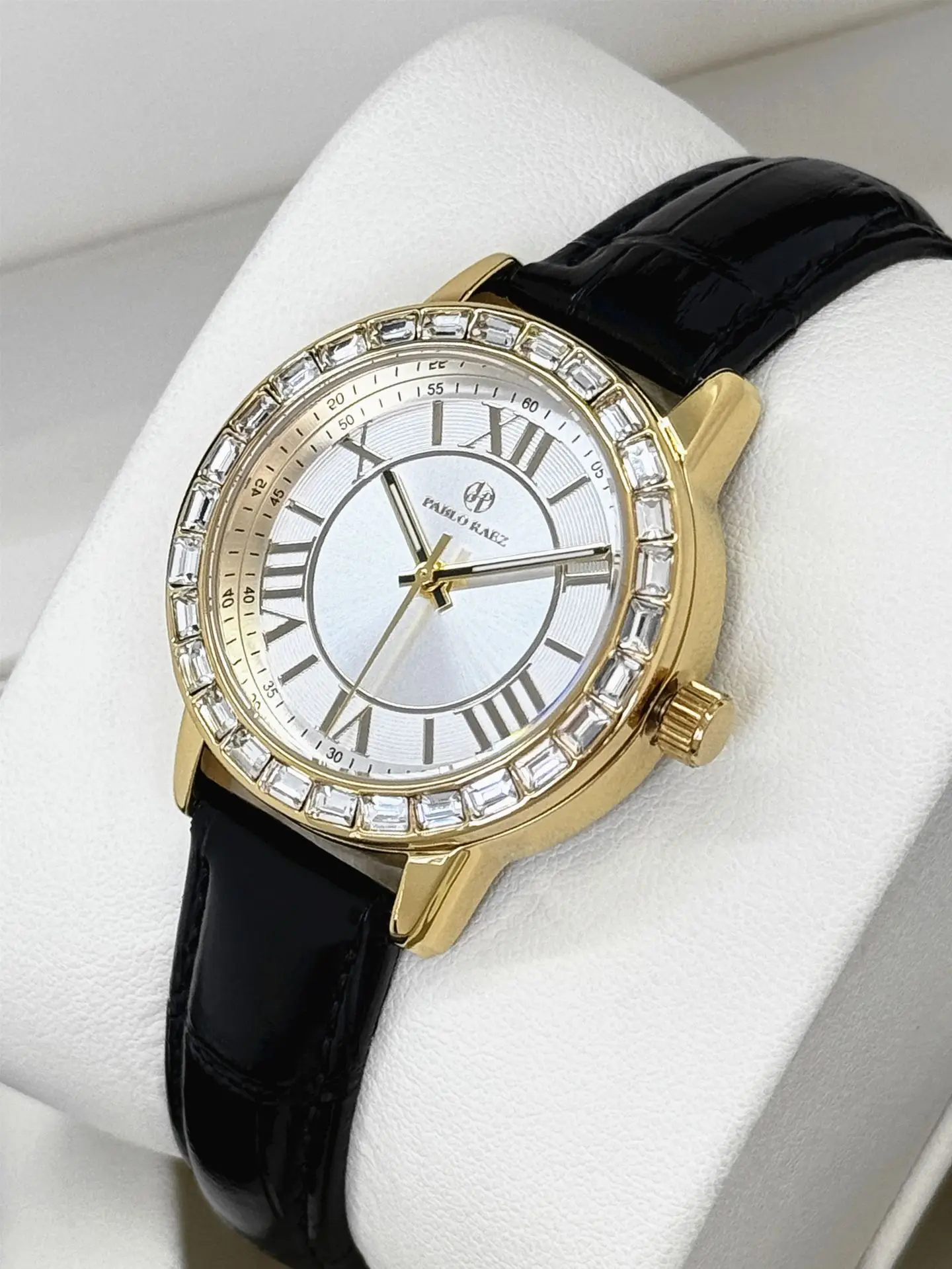 Gold Square Diamond Women's Watch with Black Leather Strap — feature 8