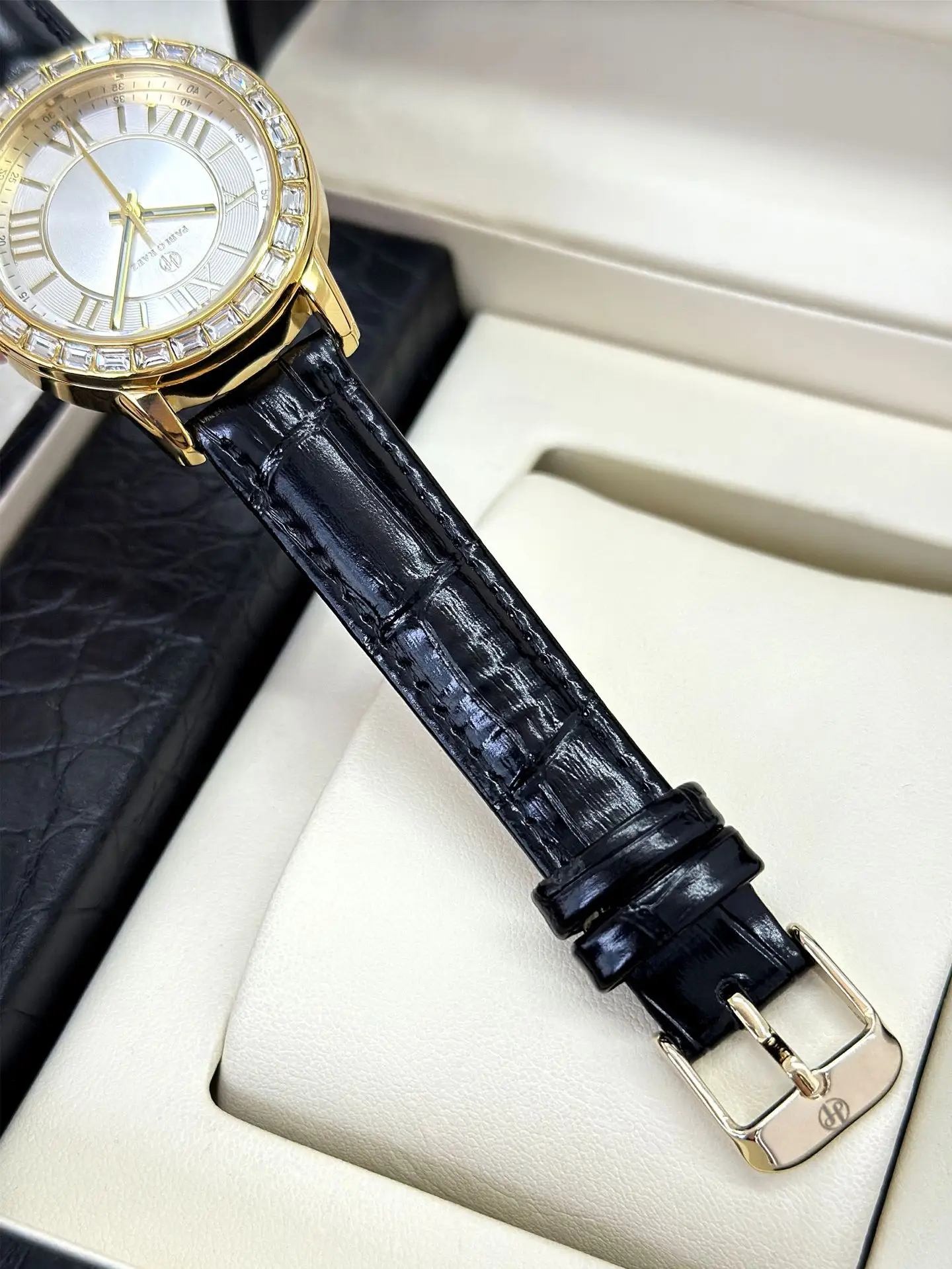 Gold Square Diamond Women's Watch with Black Leather Strap — feature 9