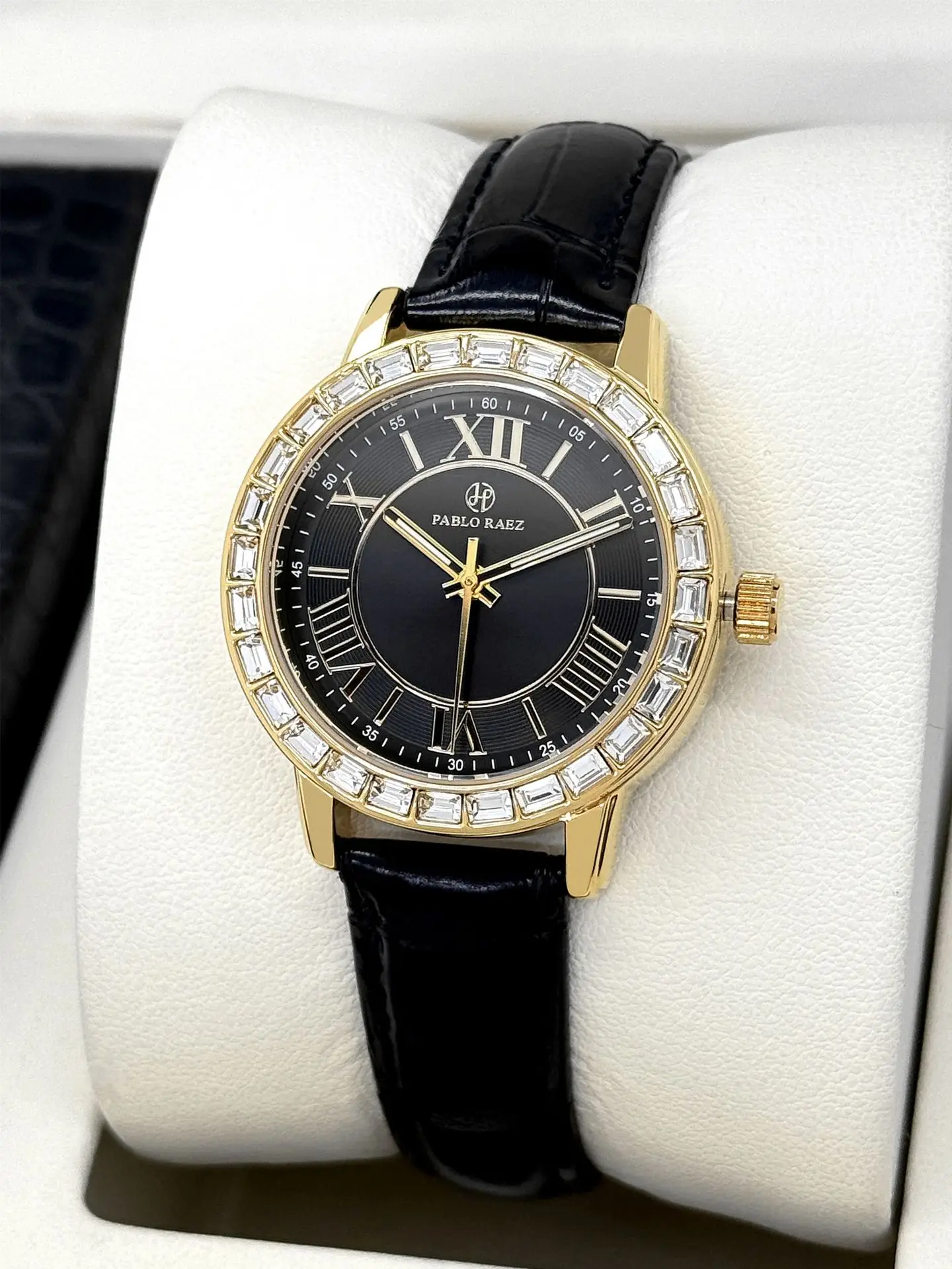 Gold Square Diamond Women's Watch with Black Leather Strap - Image 2