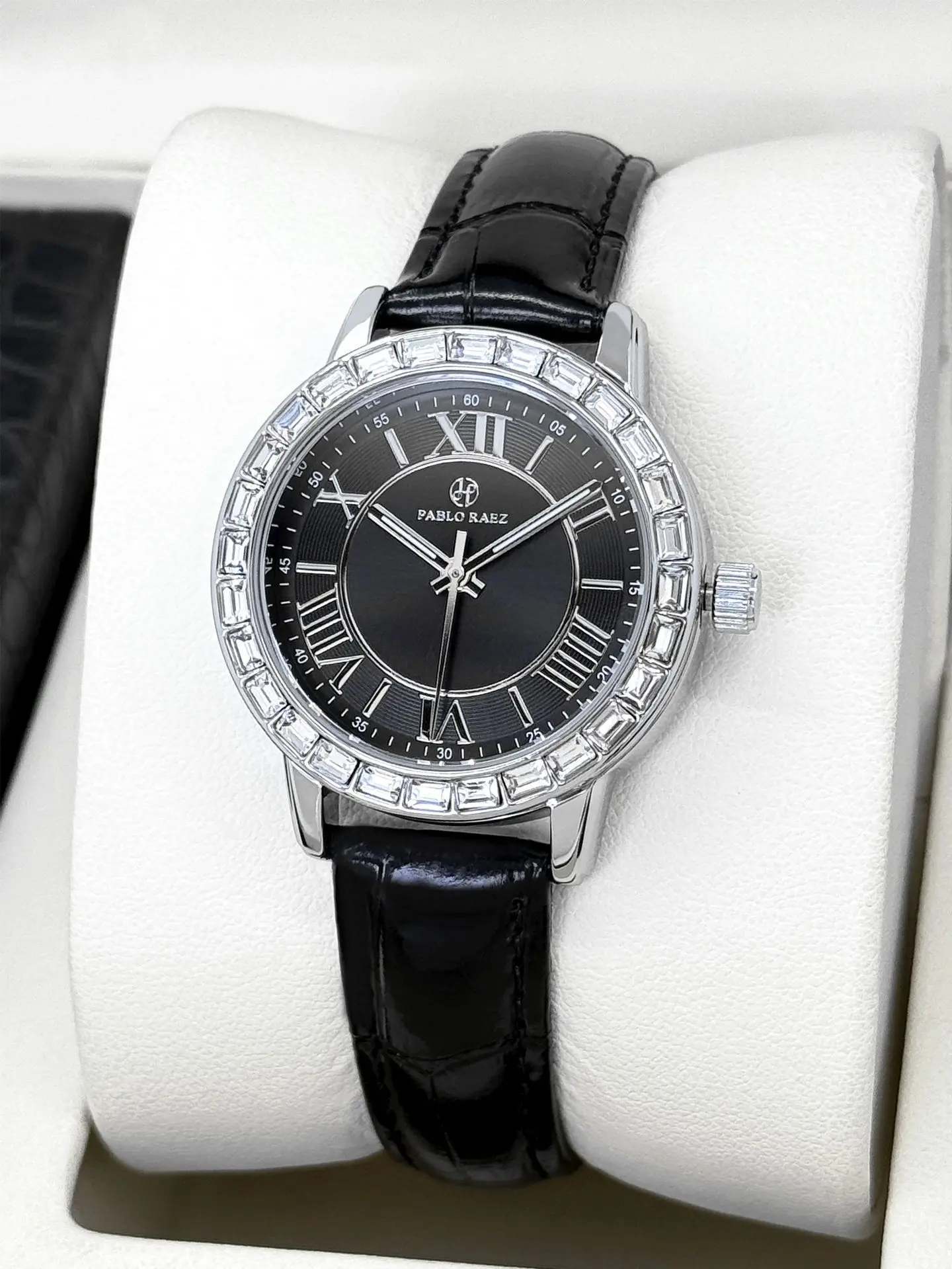 Gold Square Diamond Women's Watch with Black Leather Strap - Image 3