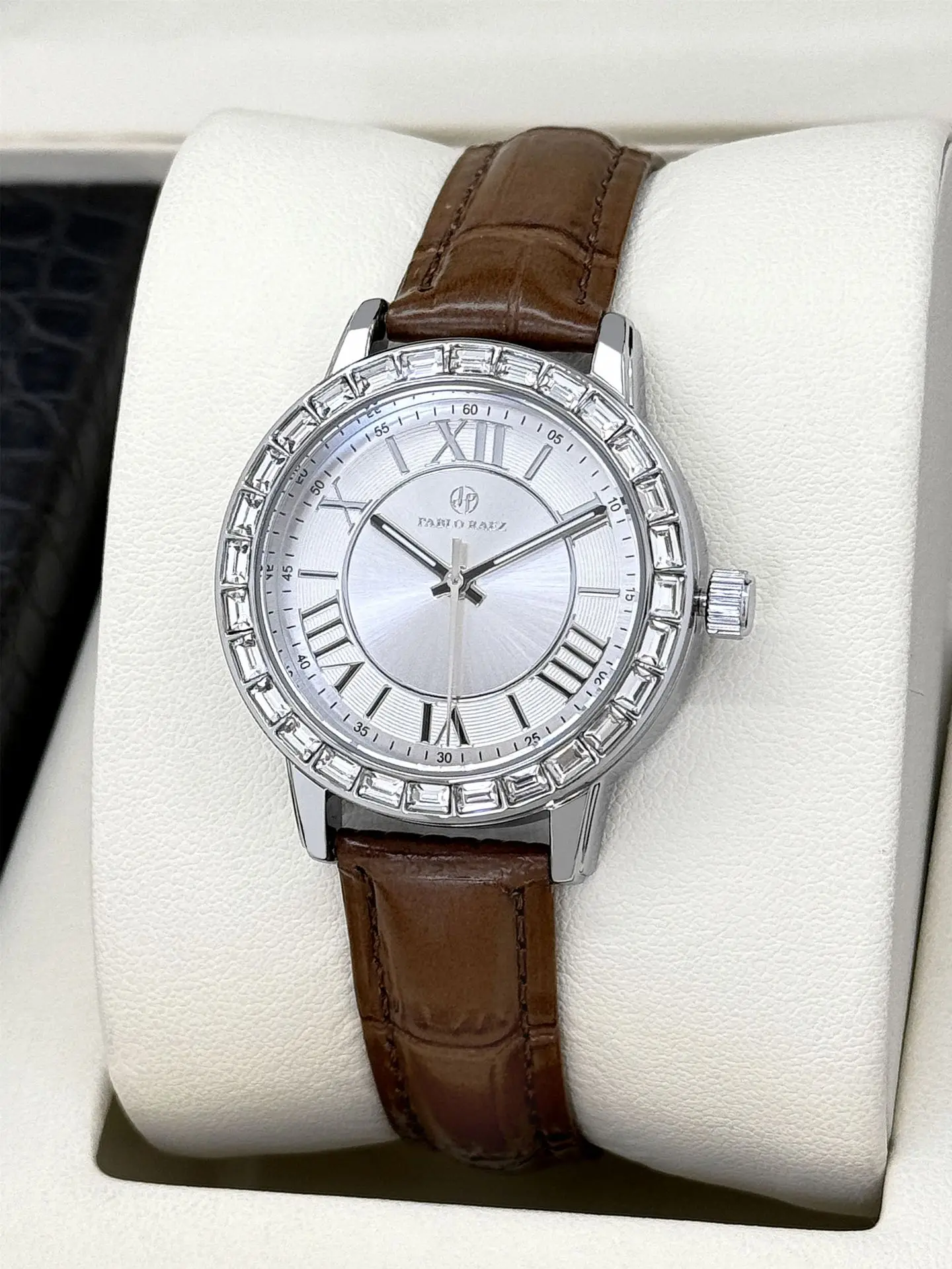 Gold Square Diamond Women's Watch with Black Leather Strap - Image 4