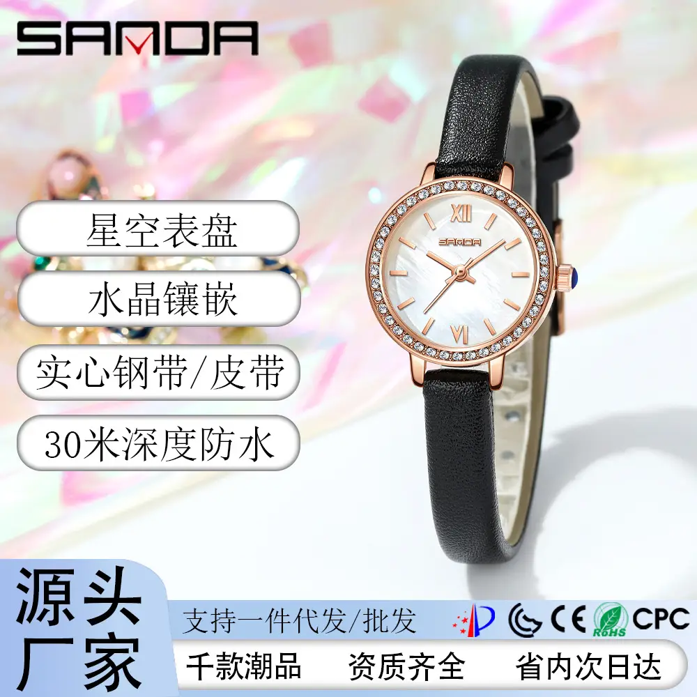 Women's Quartz Watch with Diamond Dial & Black Strap - Image 3
