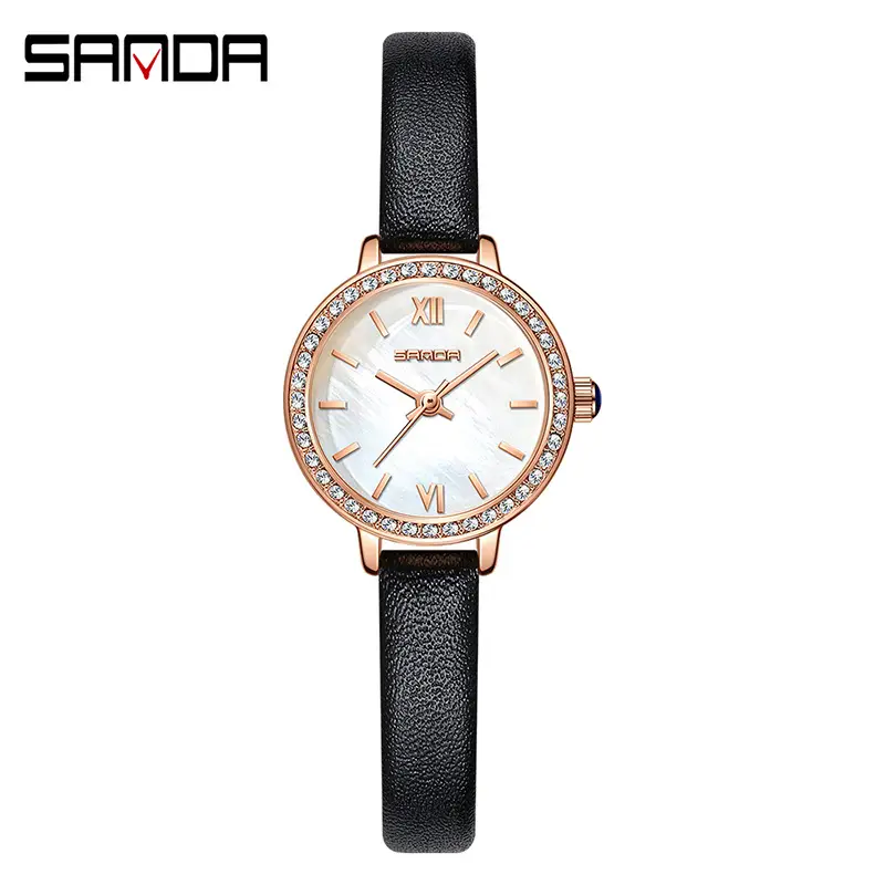 Women's Quartz Watch with Diamond Dial & Black Strap - Image 2