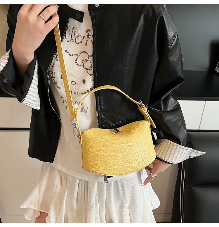 Women's Yellow Leather Shoulder Crossbody Bag with Doll Decor — feature 13