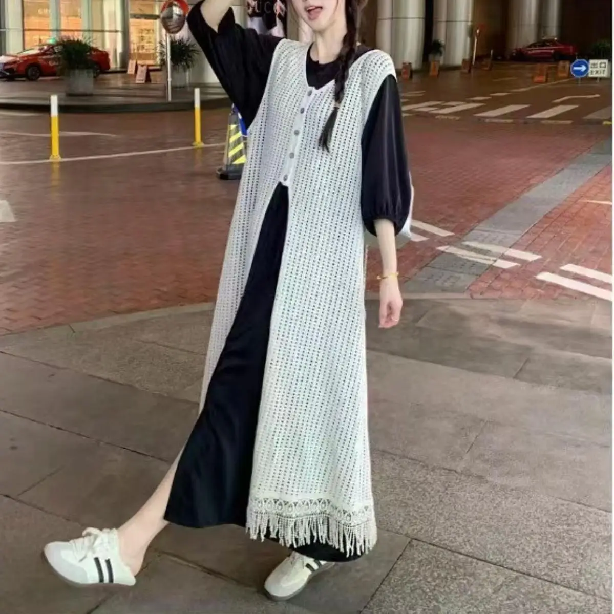 Women's Layered Knitted Vest Dress with Tassels