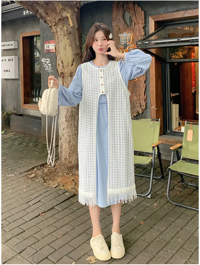 Women's Layered Knitted Vest Dress with Tassels — feature 3