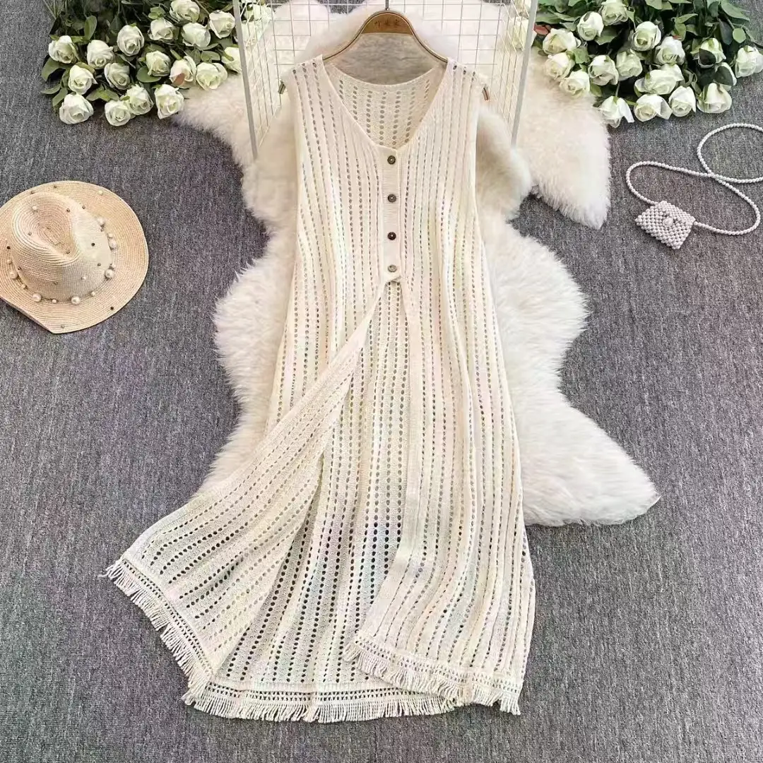 Women's Layered Knitted Vest Dress with Tassels
