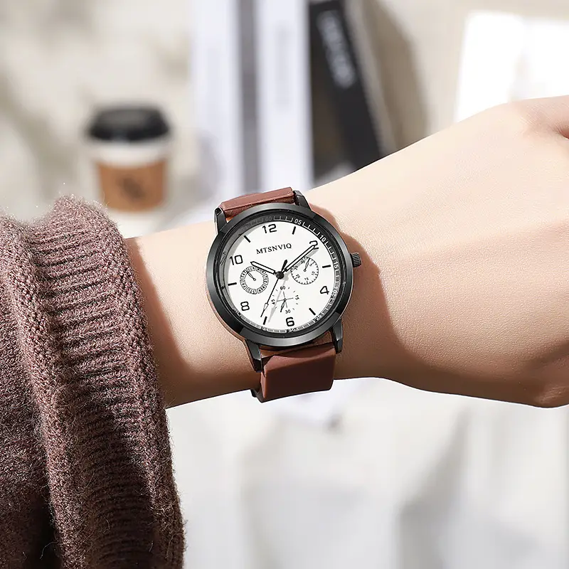 Men's Cross-Border Student Casual Quartz Watch Brown Leather Band — feature 6